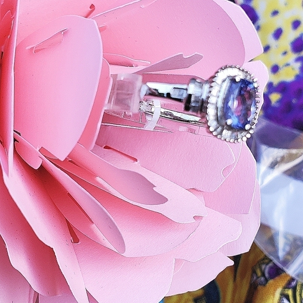 Tanzanite Diamond Halo Ring Platinum Over Sterling Silver - Picture 7 of 9